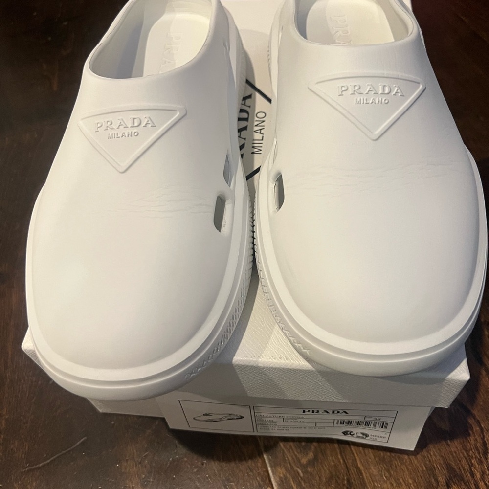 Prada White Waterproof Slip-On Mules